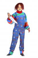 T2143 blau-bunt Herren gruselige Horror Puppe Kostüm Oberteil Latzhose Maske und Messer
